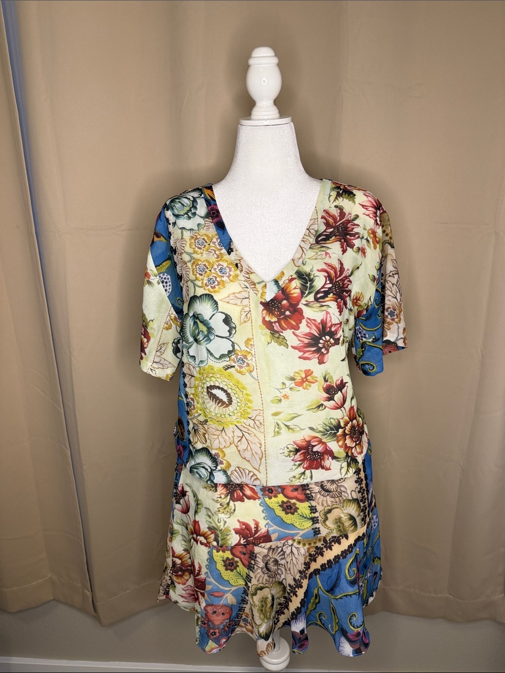 Floral Patchwork V-Neck Tunic Dress - Multicolor